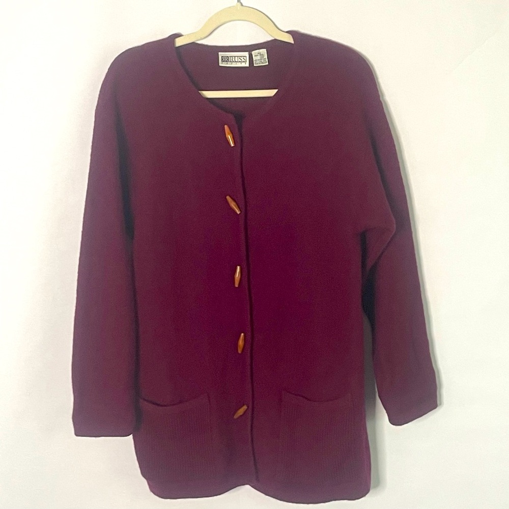 Vintage Russ Petite oversized maroon wool cardigan wooden button detail Size S